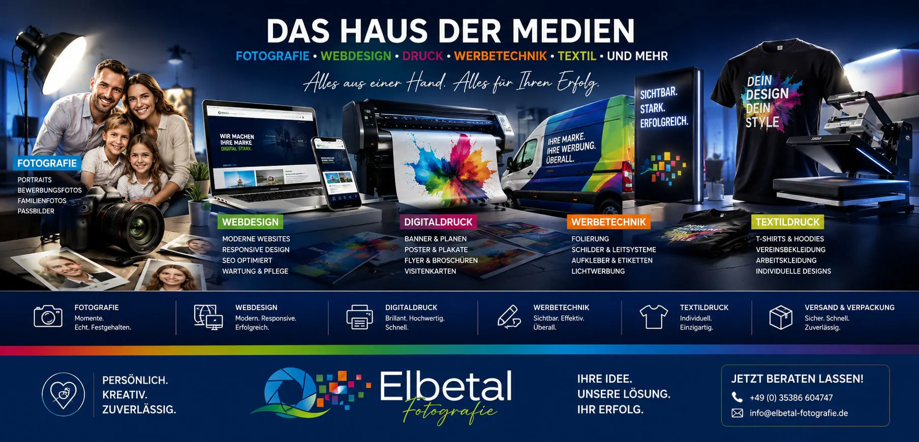 Elbetal Fotografie Haus der Medien mit Fotografie, Webdesign, Digitaldruck, Werbetechnik und Textildruck